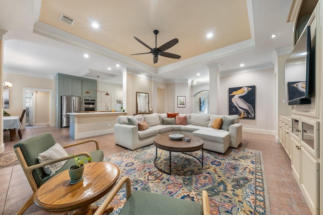 11710 Creek View Ln, Conroe, TX 77385 - living area featuring a raised ceiling, ceiling fan, crown molding, recessed lighting, and baseboards