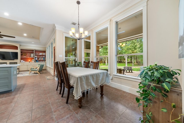 11710 Creek View Ln, Conroe, TX 77385 - tiled dining room with ornamental molding, a chandelier, ceiling fan, recessed lighting, and baseboards
