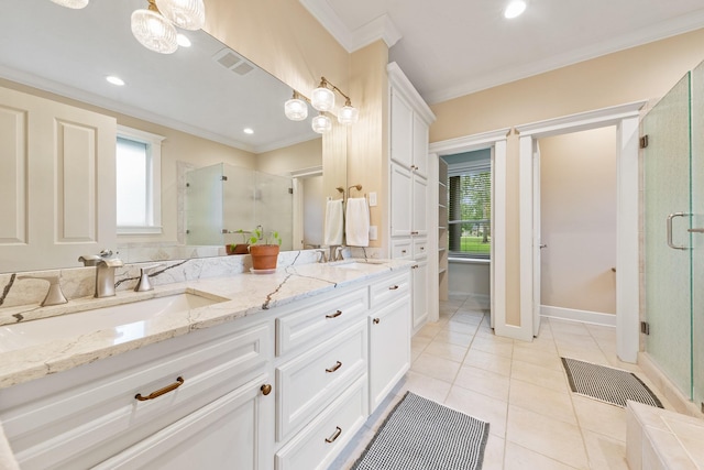 11710 Creek View Ln, Conroe, TX 77385 - full bathroom with crown molding, a shower stall, double vanity, tile patterned flooring, and recessed lighting