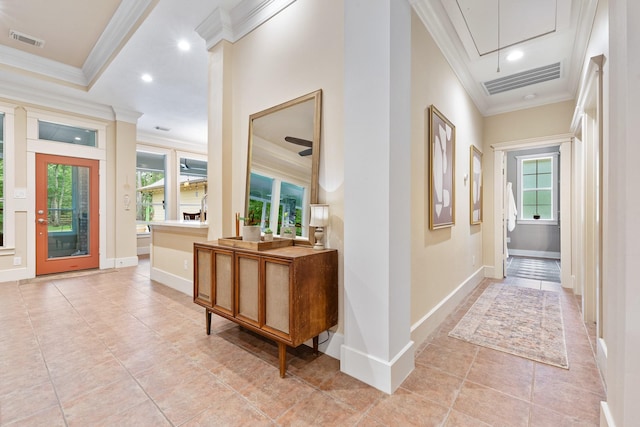 11710 Creek View Ln, Conroe, TX 77385 - entrance foyer featuring ornamental molding, light tile patterned flooring, recessed lighting, and baseboards