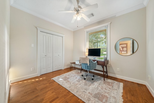 11710 Creek View Ln, Conroe, TX 77385 - home office with ornamental molding, ceiling fan, wood finished floors, and baseboards
