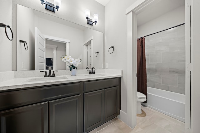 2027 Tarfite Pl, Houston, TX 77077 - bathroom with toilet, double vanity, shower / bathtub combination with curtain, and tile patterned flooring
