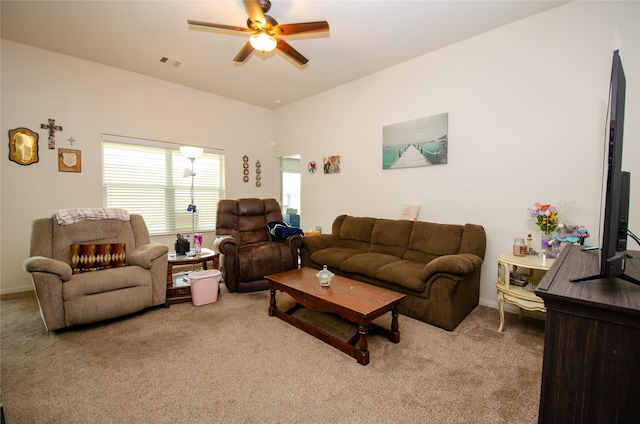9414 Emerald Green Dr, Rosharon, TX 77583 - living area featuring light carpet and a ceiling fan