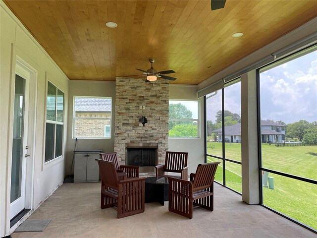 236 Bentwood Dr, Montgomery, TX 77356 - sunroom with wooden ceiling, a ceiling fan, healthy amount of natural light, and carpet