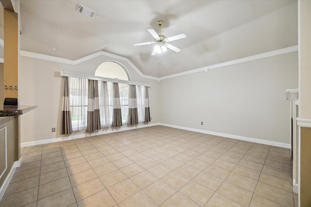 10115 Willow Crossing Dr, Houston, TX 77064 - unfurnished living room featuring ceiling fan, vaulted ceiling, light tile patterned floors, crown molding, and baseboards