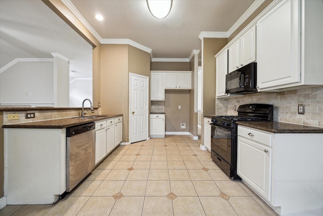 10115 Willow Crossing Dr, Houston, TX 77064 - kitchen with black appliances, a sink, tasteful backsplash, ornamental molding, and white cabinetry