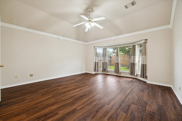 10115 Willow Crossing Dr, Houston, TX 77064 - empty room featuring vaulted ceiling, a ceiling fan, dark wood-style floors, baseboards, and ornamental molding
