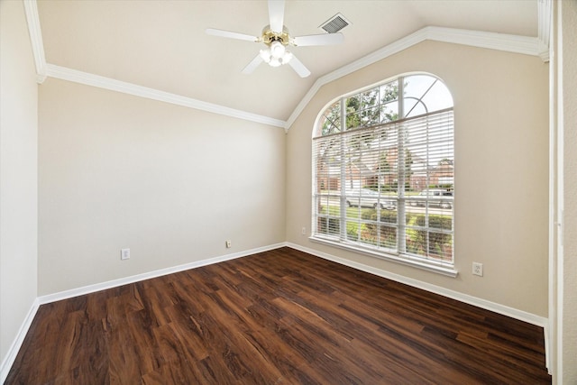 10115 Willow Crossing Dr, Houston, TX 77064 - spare room featuring vaulted ceiling, dark wood-type flooring, baseboards, a ceiling fan, and crown molding