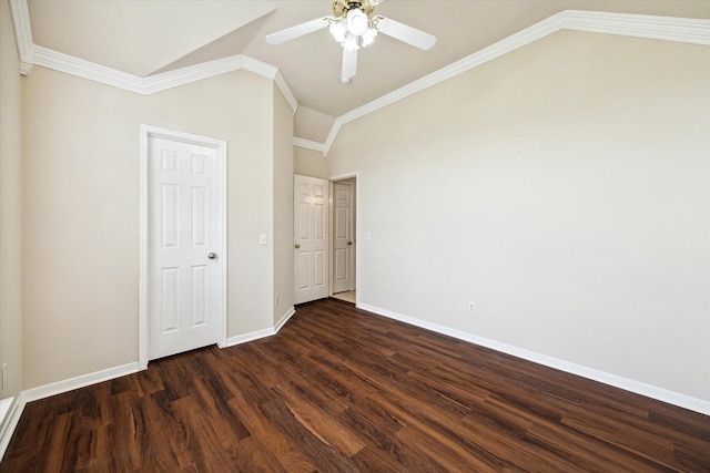 10115 Willow Crossing Dr, Houston, TX 77064 - unfurnished bedroom featuring vaulted ceiling, dark wood-style floors, baseboards, a ceiling fan, and crown molding
