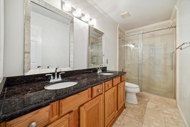 10115 Willow Crossing Dr, Houston, TX 77064 - bathroom featuring ornamental molding, a shower stall, toilet, and double vanity