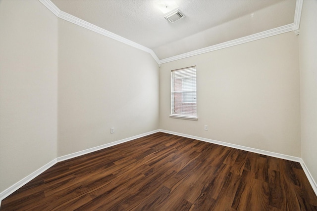 10115 Willow Crossing Dr, Houston, TX 77064 - spare room featuring crown molding, dark wood-style flooring, vaulted ceiling, and baseboards