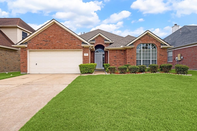 10115 Willow Crossing Dr, Houston, TX 77064 - view of front of house featuring brick siding, driveway, a front lawn, an attached garage, and a shingled roof