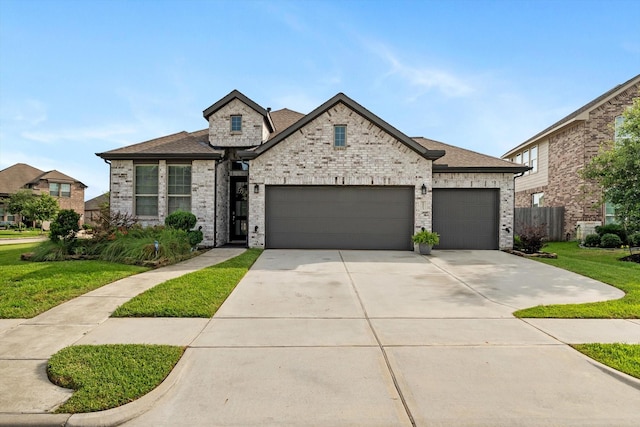 6903 Aspen Peak Dr, Baytown, TX 77521 - french country style house with an attached garage, concrete driveway, brick siding, and a shingled roof