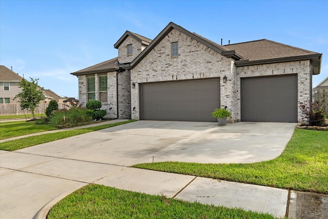 6903 Aspen Peak Dr, Baytown, TX 77521 - french country style house featuring an attached garage, concrete driveway, brick siding, a shingled roof, and a front yard