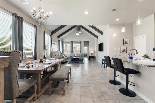 6903 Aspen Peak Dr, Baytown, TX 77521 - dining room featuring a chandelier, light tile patterned floors, baseboards, plenty of natural light, and recessed lighting