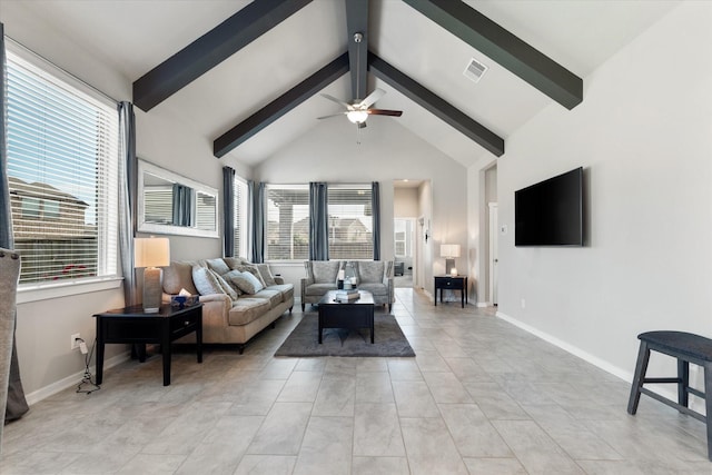 6903 Aspen Peak Dr, Baytown, TX 77521 - living room featuring beam ceiling, plenty of natural light, a ceiling fan, high vaulted ceiling, and baseboards