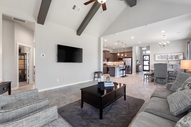 6903 Aspen Peak Dr, Baytown, TX 77521 - living area featuring a ceiling fan, a chandelier, beamed ceiling, high vaulted ceiling, and baseboards