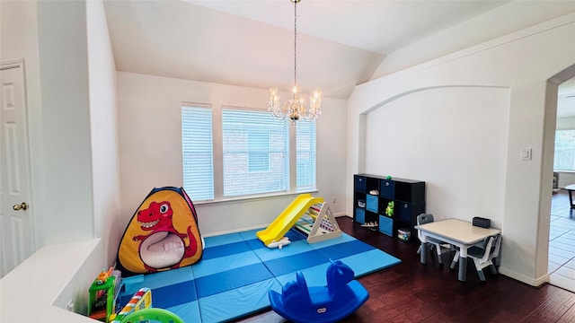 25023 Ivy Trace Ln, Katy, TX 77494 - game room featuring a chandelier, vaulted ceiling, wood finished floors, and baseboards