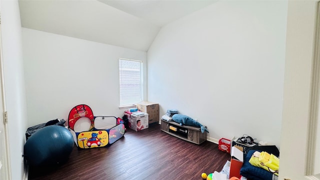 25023 Ivy Trace Ln, Katy, TX 77494 - rec room featuring wood finished floors, vaulted ceiling, and baseboards