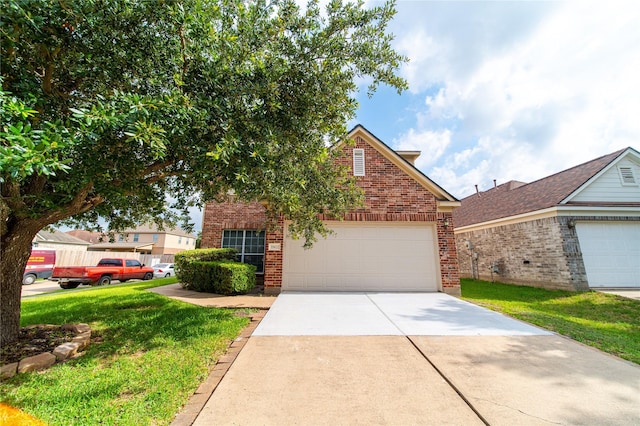 19422 Harvest Stream Way, Houston, TX 77084 - view of front of property with brick siding, a front lawn, concrete driveway, and a garage