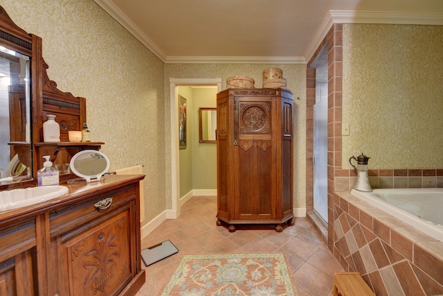 1026 Atchison St, Sealy, TX 77474 - full bath featuring a bath, crown molding, a stall shower, tile patterned flooring, and double vanity