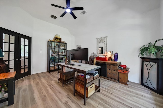 11698 Creek View Ln, Conroe, TX 77385 - office area with french doors, vaulted ceiling, light wood-style flooring, and a ceiling fan