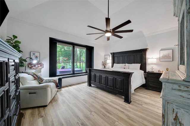 11698 Creek View Ln, Conroe, TX 77385 - bedroom featuring light wood-type flooring, ornamental molding, and a ceiling fan