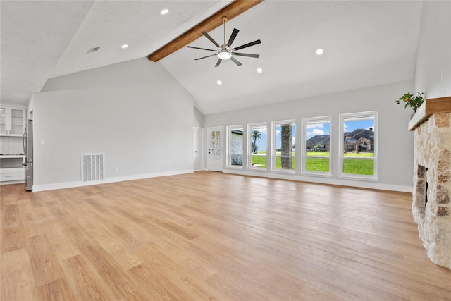 9035 N Point Dr, Beach City, TX 77523 - unfurnished living room with a fireplace, ceiling fan, beam ceiling, high vaulted ceiling, and light wood-style floors