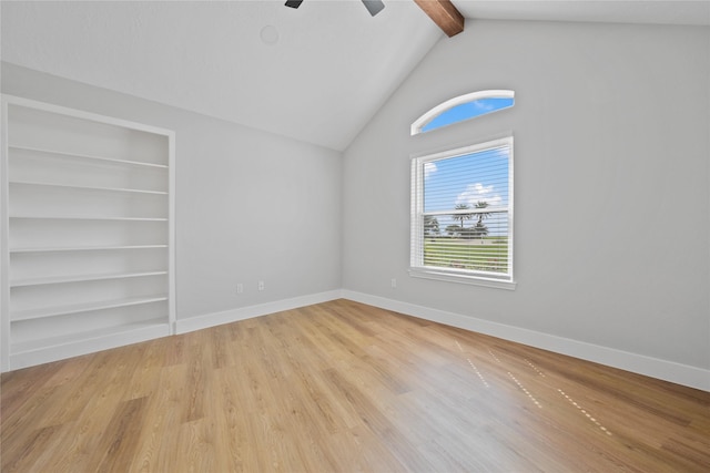 9035 N Point Dr, Beach City, TX 77523 - unfurnished room with light wood-type flooring, ceiling fan, baseboards, and built in shelves