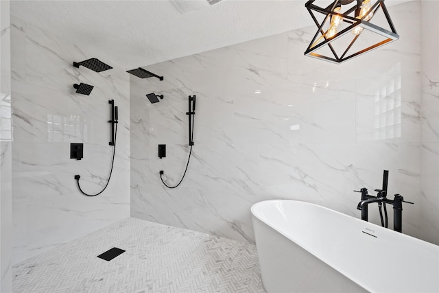 9035 N Point Dr, Beach City, TX 77523 - bathroom with a soaking tub, a marble finish shower, and tile walls