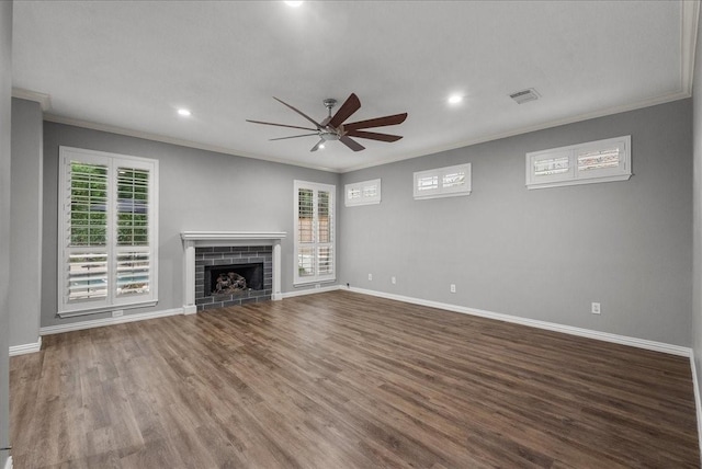 16610 Avenfield Rd, Tomball, TX 77377 - unfurnished living room with ornamental molding, a ceiling fan, wood finished floors, healthy amount of natural light, and recessed lighting