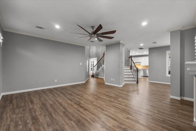 16610 Avenfield Rd, Tomball, TX 77377 - unfurnished living room featuring stairs, ornamental molding, a ceiling fan, recessed lighting, and wood finished floors