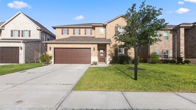 10710 Cliffs View Dr, Rosharon, TX 77583 - view of front facade with a garage, concrete driveway, a front lawn, and brick siding