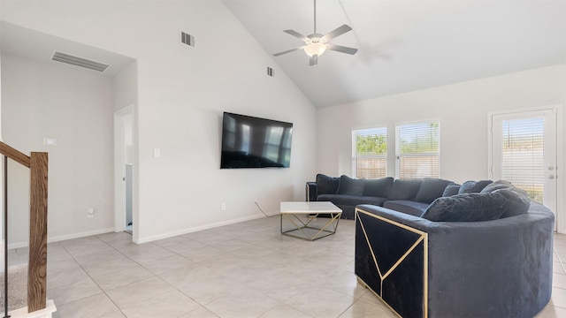 10710 Cliffs View Dr, Rosharon, TX 77583 - living room with high vaulted ceiling, ceiling fan, light tile patterned floors, stairs, and baseboards