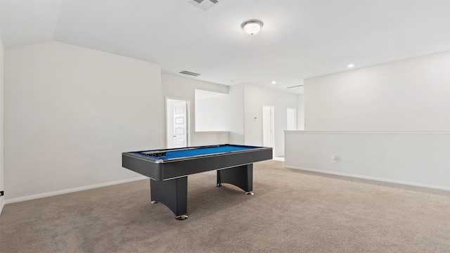 10710 Cliffs View Dr, Rosharon, TX 77583 - rec room with carpet floors, pool table, baseboards, vaulted ceiling, and recessed lighting