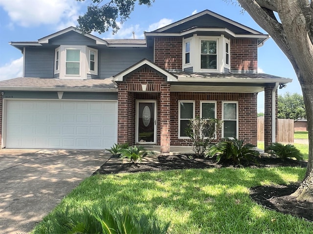 16219 Purpleridge Ct, Houston, TX 77053 - traditional-style house with brick siding, covered porch, driveway, and a garage