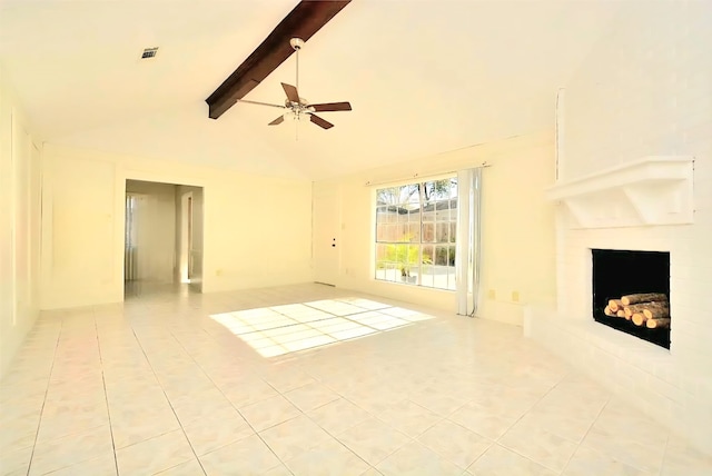 839 Hidden Canyon Rd, Katy, TX 77450 - unfurnished living room with tile patterned flooring, a ceiling fan, and a fireplace