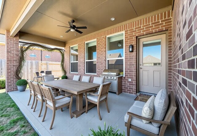 32322 Dusted Bronze Dr, Brookshire, TX 77423 - view of patio with ceiling fan, outdoor dining space, and grilling area