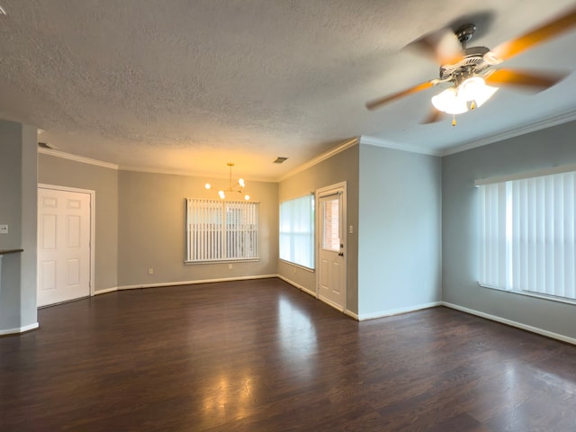 5227 Brinkman Ct, Houston, TX 77091 - unfurnished room with dark wood-style floors, ceiling fan, a textured ceiling, ornamental molding, and baseboards