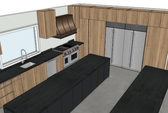 5115 S Braeswood Blvd, Houston, TX 77096 - kitchen with dishwashing machine, range with two ovens, dark countertops, custom exhaust hood, and a sink