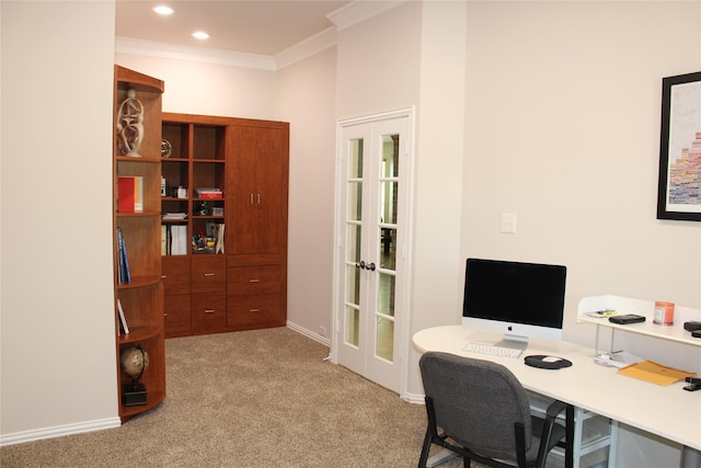 15 River Ridge Loop, The Woodlands, TX 77389 - office area featuring ornamental molding, light colored carpet, baseboards, and recessed lighting