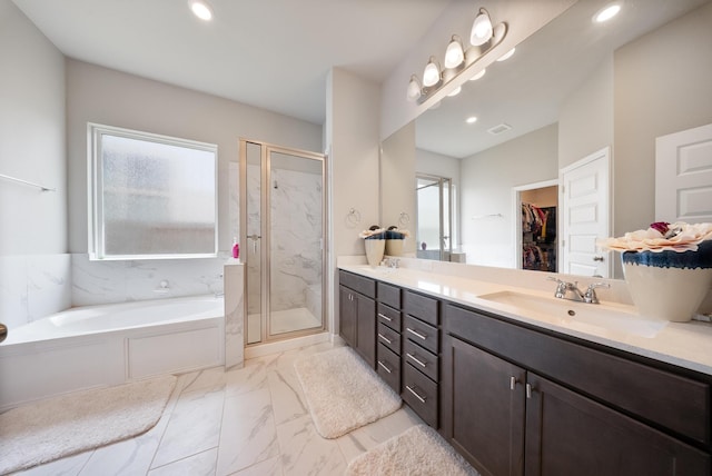 29023 Laurel Grove Ln, Fulshear, TX 77441 - full bath featuring a bath, a shower stall, double vanity, a walk in closet, and marble finish floors