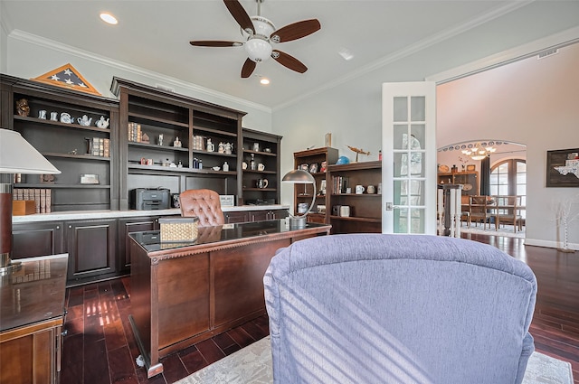 15 W Shore Dr, Montgomery, TX 77356 - office space featuring dark wood-type flooring, a ceiling fan, arched walkways, crown molding, and recessed lighting