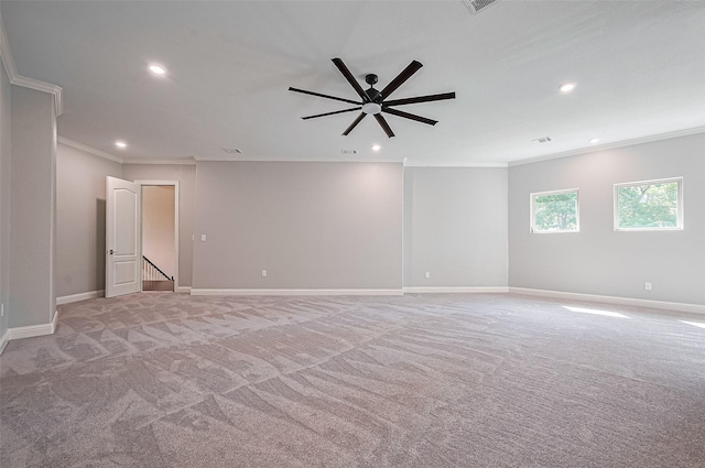 15 W Shore Dr, Montgomery, TX 77356 - spare room featuring ornamental molding, a ceiling fan, light carpet, recessed lighting, and baseboards