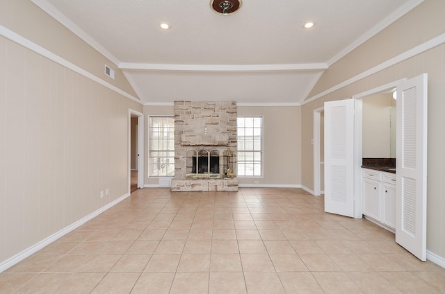 11703 Easterling Dr, Houston, TX 77065 - unfurnished living room featuring light tile patterned floors, a fireplace, and baseboards