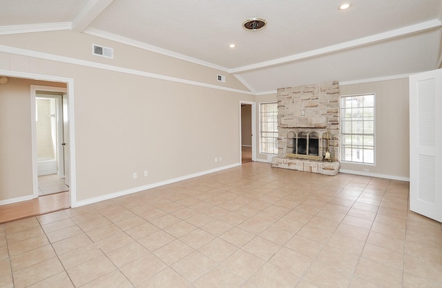 11703 Easterling Dr, Houston, TX 77065 - unfurnished living room featuring baseboards, a fireplace, and light tile patterned flooring