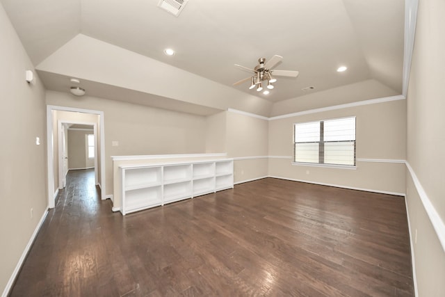 5627 Darling, Houston, TX 77007 - unfurnished room with lofted ceiling, ceiling fan, wood finished floors, recessed lighting, and baseboards