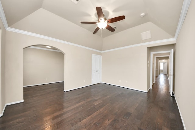 5627 Darling, Houston, TX 77007 - unfurnished room with ceiling fan, dark wood-type flooring, arched walkways, baseboards, and vaulted ceiling