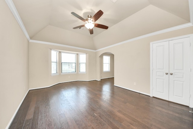 5627 Darling, Houston, TX 77007 - empty room featuring ceiling fan, dark wood finished floors, arched walkways, vaulted ceiling, and baseboards