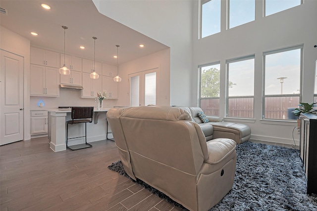 11251 Buchanan Coves Ln, Cypress, TX 77433 - living room featuring healthy amount of natural light, dark wood-style flooring, recessed lighting, baseboards, and a high ceiling